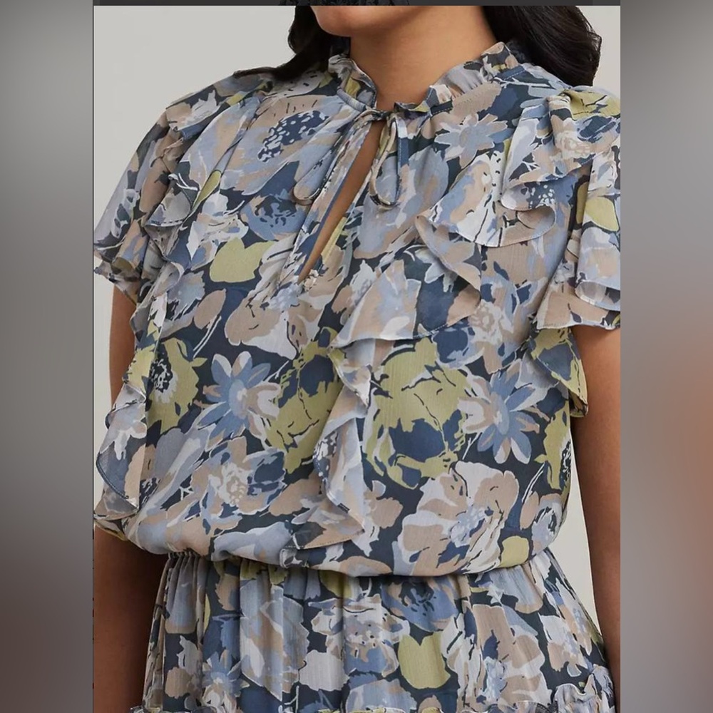 Ralph Lauren Plus Size blue Floral Ruffle Trim Georgette Dress. NWT Size 22W - Picture 4 of 9